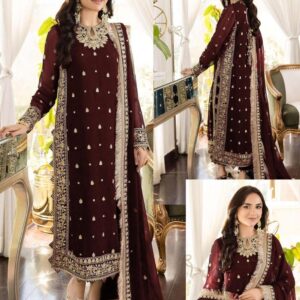 3 Pcs Women’s Stitched Crinkle Chiffon Embroidered Suit