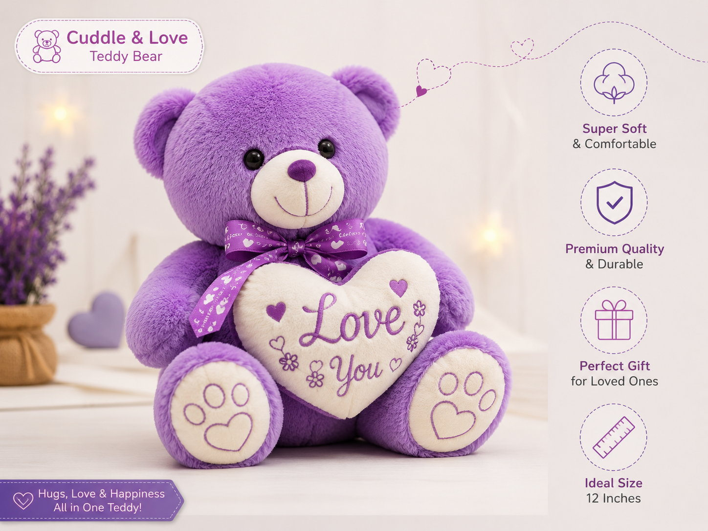 Purple Teddy Bear with Heart | Soft & Cuddly Teddy Bear Gift for Loved Ones | 12 Inch Plush Toy 🧸💜